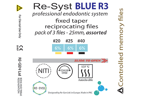 Label-Re-Syst-Blue-R3-1.gif Re-Syst BLUE R3 - Система от 3 реципрочни NiTi пили с фиксиран тейпър, асорти - Image 1